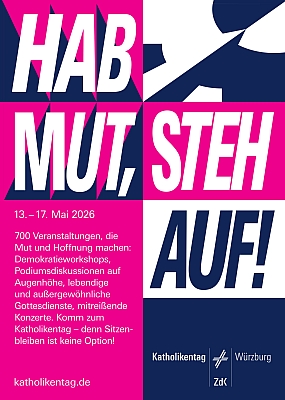 Grafik mit dem Slogan „Hab Mut, steh auf!“ in pink und weiß auf blauem Hintergrund.