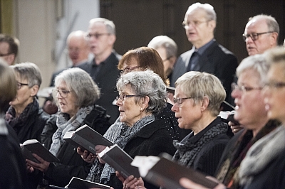 Einige Sängerinnen und Sänger des Kirchenchores von der Seite singen während eines Gottesdienstes Einige Sängerinnen und Sänger des Kirchenchores von der Seite singen während eines Gottesdienstes