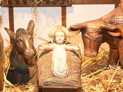 Ochse und Esel in der Krippe neben dem Jesuskind