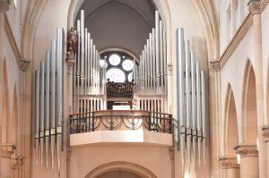 Orgel im Turm der Kirche.  Im Hintergrund die Fensterrosette. Links oben die Figur der Hl. Cäcilia.
